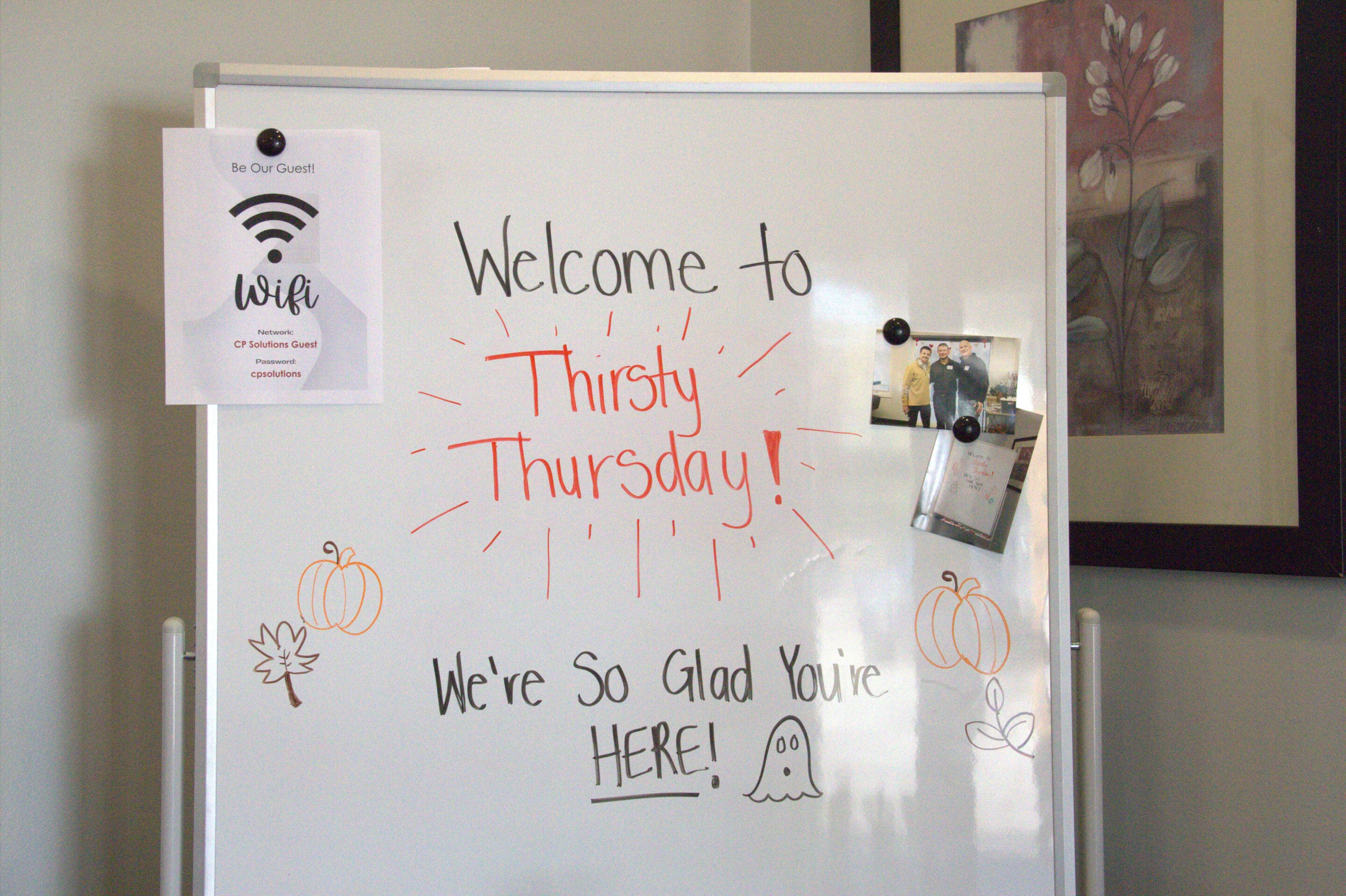 Photo of whiteboard at thirsty thursday networking event.